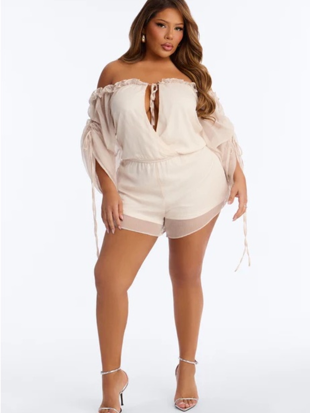 Clancy Chiffon Off-Shoulder Cream Ruffle Romper 1X NWT